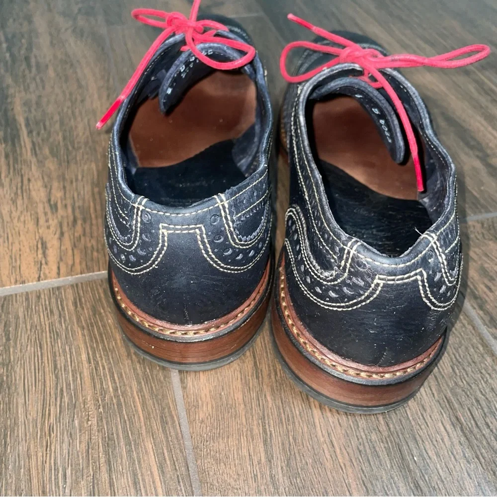 Allen Edmonds Neumok Mens Navy Leather Wingtip Oxford Shoes Red Lace 8